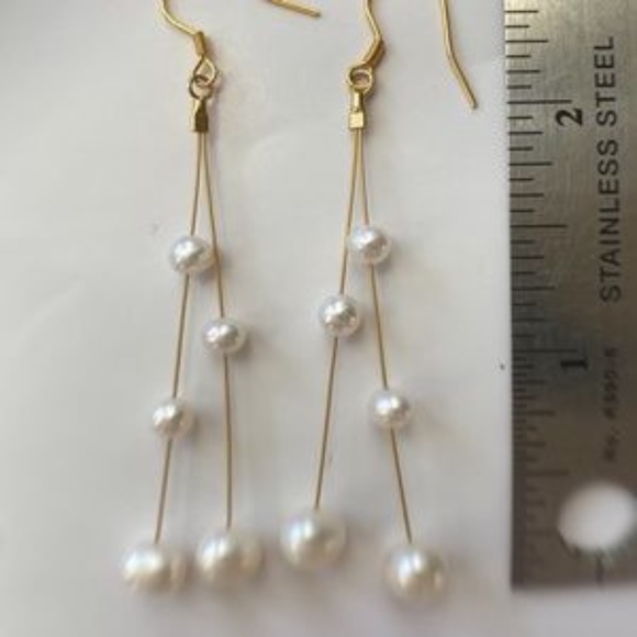 AAA Cultured White Pearl Dangle Earrings-14K GP - Picture 9 of 11